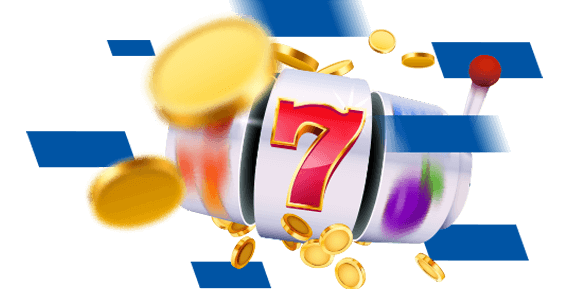 Slot wheel surrounded by gold coins and blue rhomboid shapes. Introducing Betway Casino