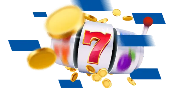 Slot wheel surrounded by gold coins and blue rhomboid shapes. Betway Casino