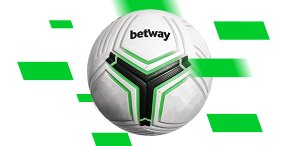 Football with the Betway logo on it surrounded by green rhomboid shapes. Betway Welcome Offer