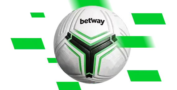 Football with the Betway logo on it surrounded by green rhomboid shapes. Betway Welcome Offer